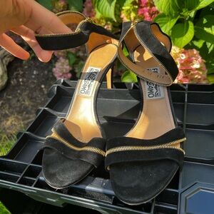 Salvatore Ferragamo Black Suede Ronette Zipper Detail Ankle Strap Sandals